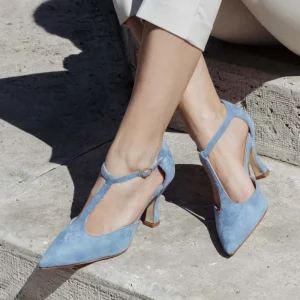 Scarpe Con Tacco | Made in Italy Decollete T Strap con Tacco 8cm "V59" - Camoscio Jeans