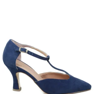 Scarpe Con Tacco | Made in Italy Decollete T Strap con Tacco 8cm "V59" - Camoscio Blu