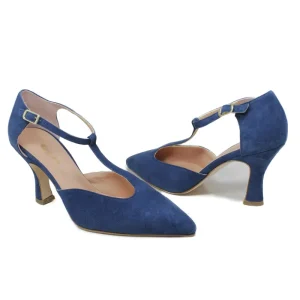 Scarpe Con Tacco | Made in Italy Decollete T Strap con Tacco 8cm "V59" - Camoscio Blu