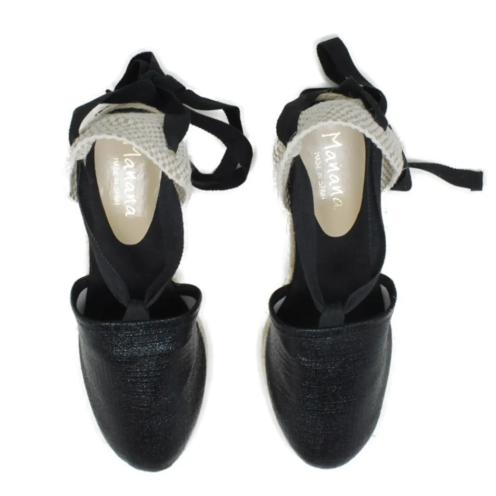 espadrillas_con_zeppa_alt_2-7.webp Espadrillas | Sandali Con Zeppa | Mañana Espadrillas con Zeppa Alta e Laccio alla caviglia "701" - Laminato Nero