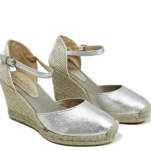 Espadrillas | Sandali Con Zeppa | Mañana Espadrillas in Pelle con Zeppa Alta e Cinturino "712" - Argento