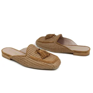 Stringate & Mocassini | Sabot | Personal Sabot Flat in Rafia e Camoscio con Nappine "CAPRI" - Cuoio