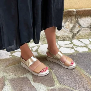 Sandali Con Zeppa | Sandali Bassi | Mañana Sandali Bassi Comodi Flexy in Pelle "F16" - /Platino Cuoio