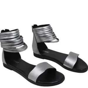 Sandali Bassi | Personal Sandali Bassi Flat in Pelle con Cavigliera "Nora" - Canna di Fucile/Nero CannadiFucile