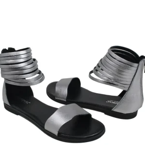 Sandali Bassi | Personal Sandali Bassi Flat in Pelle con Cavigliera "Nora" - Canna di Fucile/Nero CannadiFucile