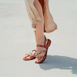 Sandali Bassi | Personal Sandali Bassi in Pelle con Borchie a Stella e Foulard "Star" - Cuoio