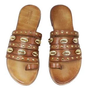 Sandali Bassi | Personal Sandali Ciabatta in Pelle con Conchiglie "Shak" - Cuoio