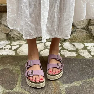 Sandali Con Zeppa | Sandali Bassi | Mañana Sandalo Ciabatta Donna su Zeppa in Corda "LUZ" - Camoscio Lilla