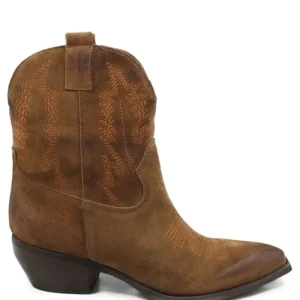 Stivali Texani | Stivali Invernali | In Time Stivaletti Camperos Texani con Ricamo "PETRA" - Camoscio Cuoio