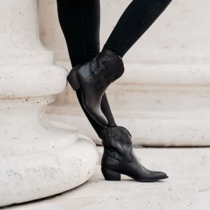 Stivali Texani | Stivali Invernali | In Time Stivaletti Camperos Texani con Ricamo "PETRA" - Pelle Nero