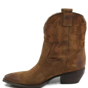 Stivali Texani | Stivali Invernali | In Time Stivaletti Camperos Texani con Ricamo "PETRA" - Camoscio Cuoio