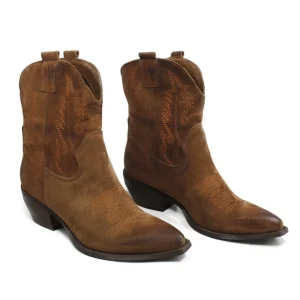 Stivali Texani | Stivali Invernali | In Time Stivaletti Camperos Texani con Ricamo "PETRA" - Camoscio Cuoio