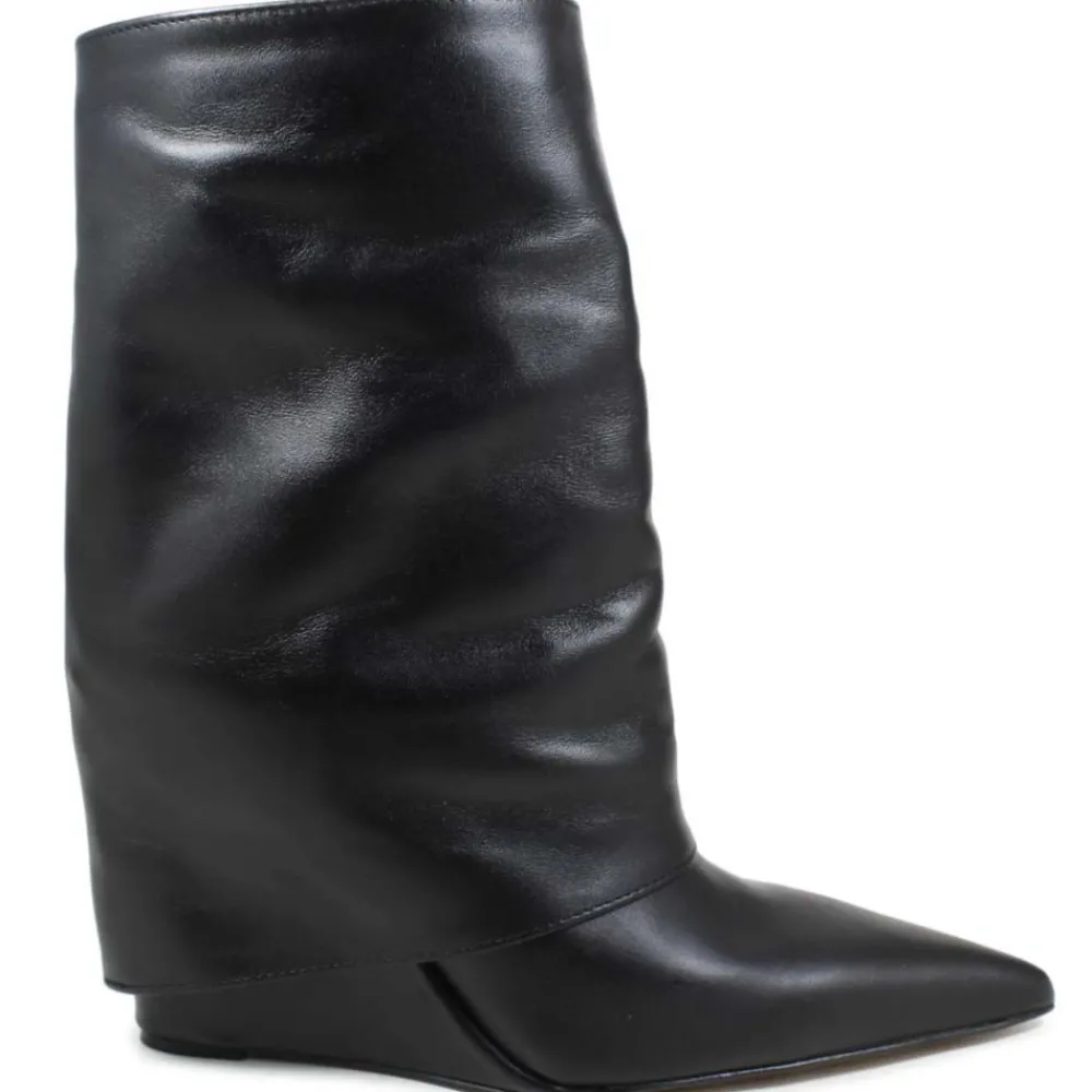 stivaletti_su_zeppa_alta__0.webp Stivali E Scarpe Con Zeppa | Stivali Invernali | Personal Stivaletti su Zeppa Alta Punta Fina e Bavero Risvolto "FILL" - Pelle Nero