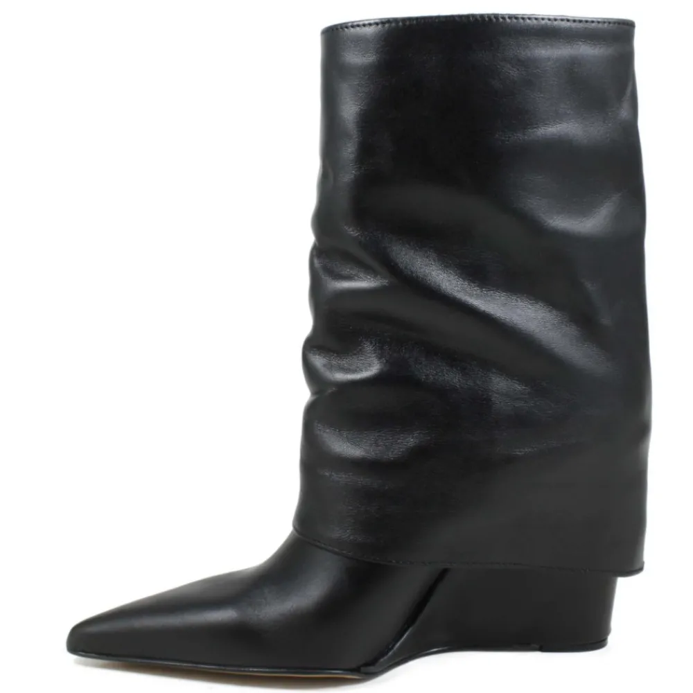 stivaletti_su_zeppa_alta__2.webp Stivali E Scarpe Con Zeppa | Stivali Invernali | Personal Stivaletti su Zeppa Alta Punta Fina e Bavero Risvolto "FILL" - Pelle Nero