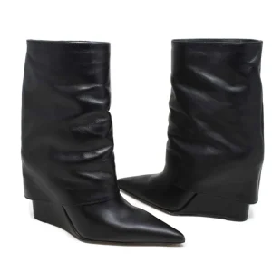 Stivali E Scarpe Con Zeppa | Stivali Invernali | Personal Stivaletti su Zeppa Alta Punta Fina e Bavero Risvolto "FILL" - Pelle Nero