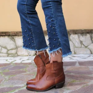 Stivali Texani | Stivali Invernali | Personal Stivaletti Texani alla Caviglia con Ricamo e Cerniera "CAMERON" - Ingrassato Cuoio