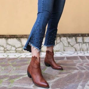 Stivali Texani | Stivali Invernali | Personal Stivaletti Texani alla Caviglia con Ricamo e Cerniera "CAMERON" - Ingrassato Cuoio