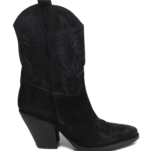 Stivali Con Tacco | Stivali Texani | Personal Stivaletti Texani Camperos Bassi Ricamati con tacco "Liam" - Camoscio Nero