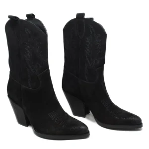 Stivali Con Tacco | Stivali Texani | Personal Stivaletti Texani Camperos Bassi Ricamati con tacco "Liam" - Camoscio Nero