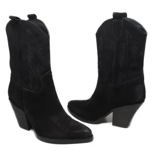 Stivali Con Tacco | Stivali Texani | Personal Stivaletti Texani Camperos Bassi Ricamati con tacco "Liam" - Camoscio Nero