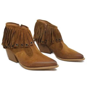 Stivali Con Tacco | Tronchetti | Personal Stivaletti Texani con Frange e Occhielli "Trenza" - Cuoio