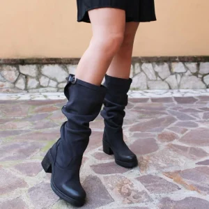 Stivali Con Tacco | Bikers Invernali | In Time Stivali Alti Biker Boots con Tacco "58/A" - Nabuk Notte Blu
