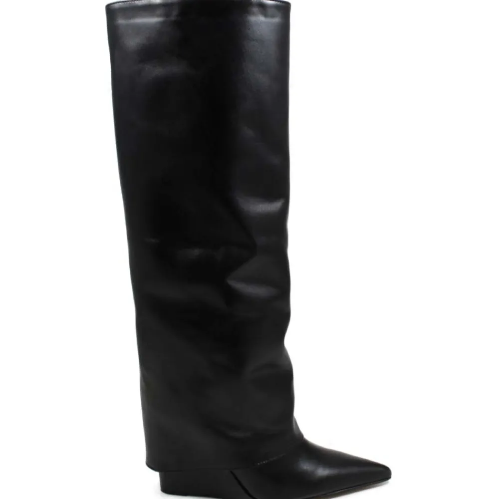 stivali_alti_su_zeppa_alt_0.webp Stivali E Scarpe Con Zeppa | Stivali Invernali | Personal Stivali Alti su Zeppa Alta Punta Fina e Bavero Risvolto "LIF" - Pelle Nero