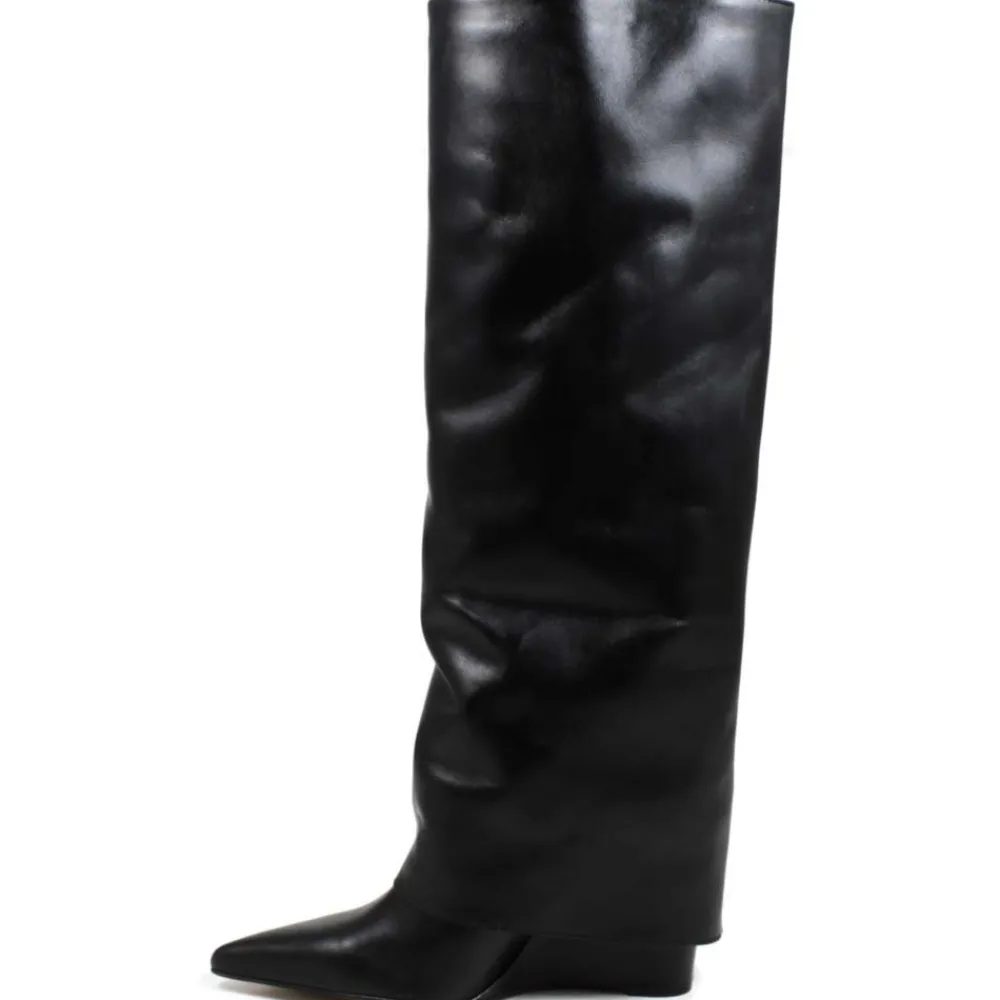 stivali_alti_su_zeppa_alt_2.webp Stivali E Scarpe Con Zeppa | Stivali Invernali | Personal Stivali Alti su Zeppa Alta Punta Fina e Bavero Risvolto "LIF" - Pelle Nero