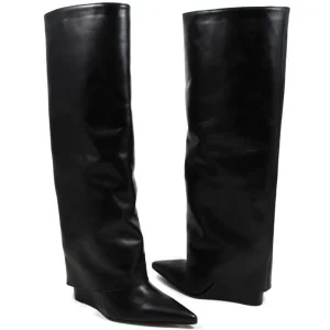 Stivali E Scarpe Con Zeppa | Stivali Invernali | Personal Stivali Alti su Zeppa Alta Punta Fina e Bavero Risvolto "LIF" - Pelle Nero