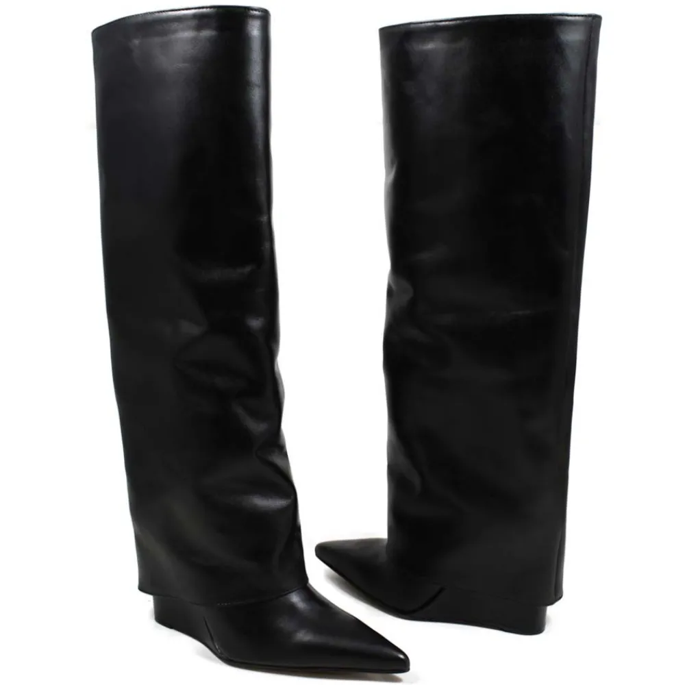 stivali_alti_su_zeppa_alt_4.webp Stivali E Scarpe Con Zeppa | Stivali Invernali | Personal Stivali Alti su Zeppa Alta Punta Fina e Bavero Risvolto "LIF" - Pelle Nero