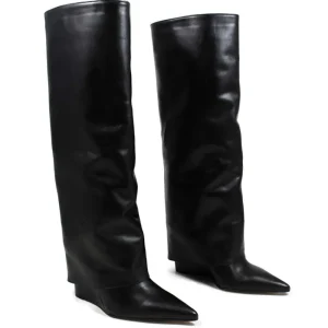 Stivali E Scarpe Con Zeppa | Stivali Invernali | Personal Stivali Alti su Zeppa Alta Punta Fina e Bavero Risvolto "LIF" - Pelle Nero