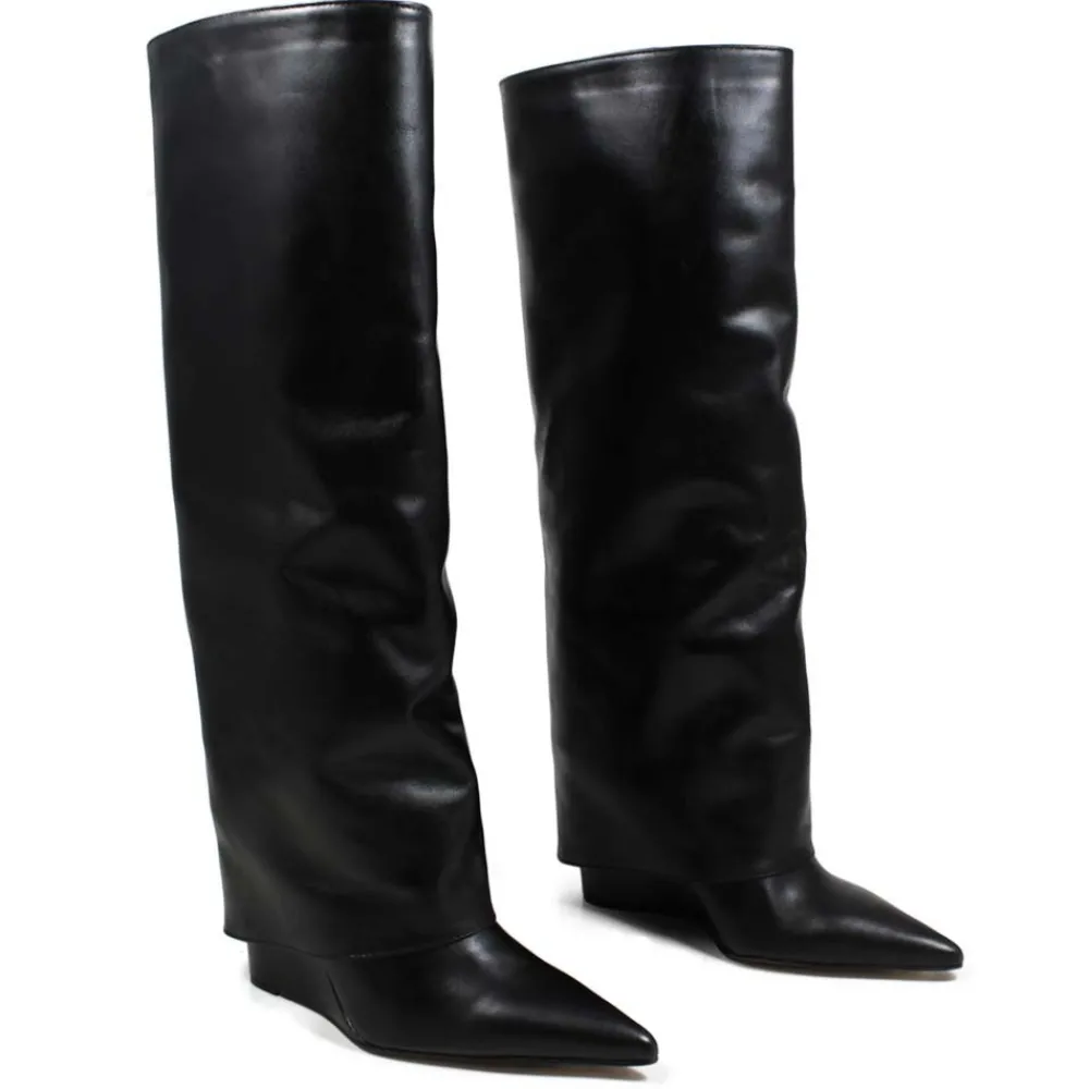 stivali_alti_su_zeppa_alt_7.webp Stivali E Scarpe Con Zeppa | Stivali Invernali | Personal Stivali Alti su Zeppa Alta Punta Fina e Bavero Risvolto "LIF" - Pelle Nero