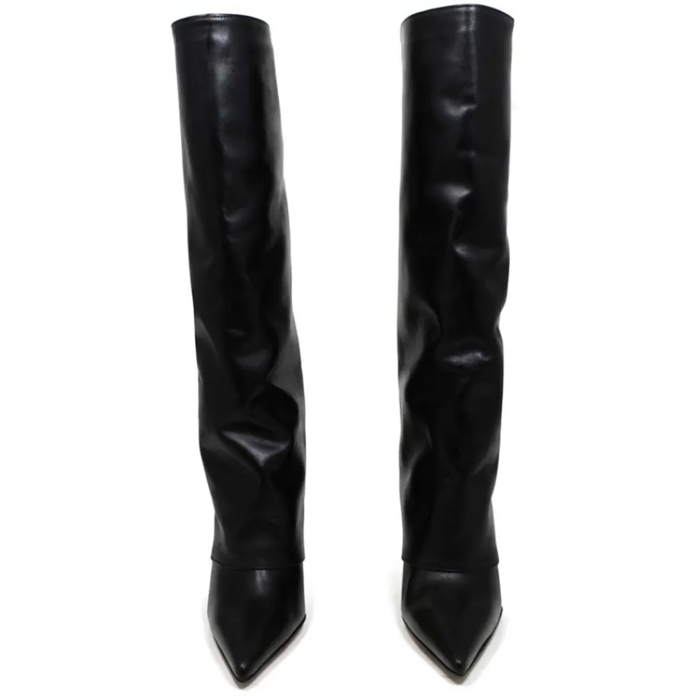 stivali_alti_su_zeppa_alt_9.webp Stivali E Scarpe Con Zeppa | Stivali Invernali | Personal Stivali Alti su Zeppa Alta Punta Fina e Bavero Risvolto "LIF" - Pelle Nero