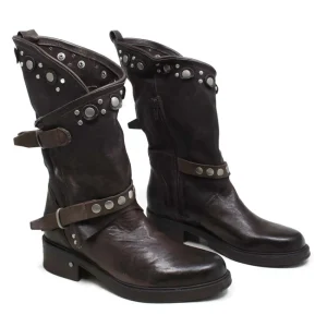 Stivali Invernali | Bikers Invernali | Personal Stivali Biker Boots con borchie e due cinturini "MAIRA" - Lavato Marrone TestadiMoro