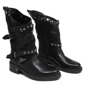 Stivali Invernali | Bikers Invernali | Personal Stivali Biker Boots con borchie e due cinturini "MAIRA" - Lavato Nero