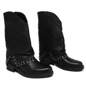 Stivali Invernali | Bikers Invernali | Personal Stivali Biker Boots con ghetta risvolto e borchiette "NIVES" - Lavato Nero