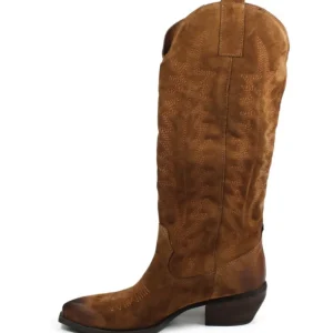 Stivali Con Tacco | Stivali Texani | In Time Stivali Camperos Texani con Ricamo Imbottito "PAULA" - Camoscio Cuoio