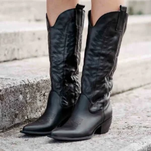 Stivali Con Tacco | Stivali Texani | In Time Stivali Camperos Texani con Ricamo Imbottito "PAULA" - Pelle Nero