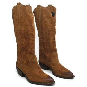 Stivali Con Tacco | Stivali Texani | In Time Stivali Camperos Texani con Ricamo Imbottito "PAULA" - Camoscio Cuoio