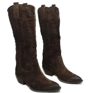 Stivali Con Tacco | Stivali Texani | In Time Stivali Camperos Texani con Ricamo Imbottito "PAULA" - Camoscio Marrone TestadiMoro