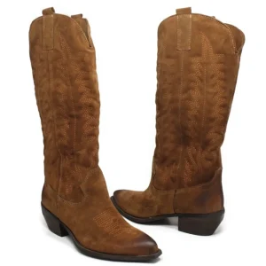 Stivali Con Tacco | Stivali Texani | In Time Stivali Camperos Texani con Ricamo Imbottito "PAULA" - Camoscio Cuoio