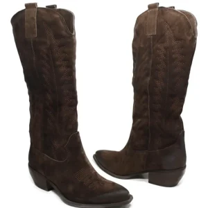 Stivali Con Tacco | Stivali Texani | In Time Stivali Camperos Texani con Ricamo Imbottito "PAULA" - Camoscio Marrone TestadiMoro