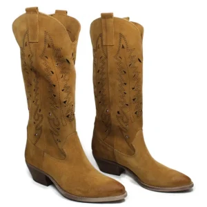 Stivali Con Tacco | Stivali Estivi | In Time Stivali Camperos Texani Traforati a Laser "JULIA" - Camoscio Cuoio