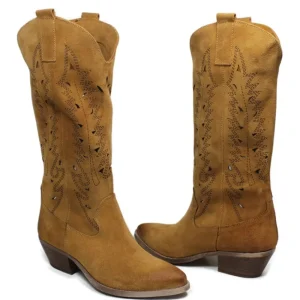 Stivali Con Tacco | Stivali Estivi | In Time Stivali Camperos Texani Traforati a Laser "JULIA" - Camoscio Cuoio