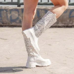 Stivali Estivi | Stivali E Scarpe Con Zeppa | In Time Stivali Combat Boots Estivi Laserati "OLIVIA" - Pelle Bianco