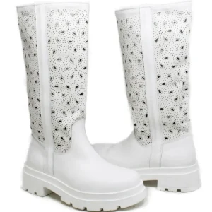 Stivali Estivi | Stivali E Scarpe Con Zeppa | In Time Stivali Combat Boots Estivi Laserati "OLIVIA" - Pelle Bianco