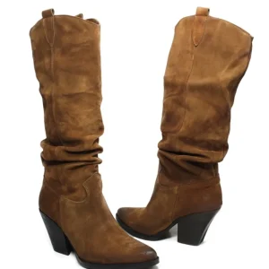 Stivali Con Tacco | Stivali Texani | Personal Stivali Texani Camperos Arricciati con tacco "EMILY" - Camoscio Cuoio