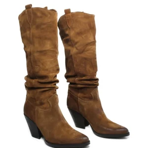 Stivali Con Tacco | Stivali Texani | Personal Stivali Texani Camperos Arricciati con tacco "EMILY" - Camoscio Cuoio