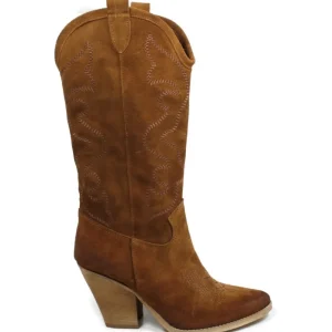 Stivali Con Tacco | Stivali Texani | Personal Stivali Texani Camperos Ricamati con tacco "Leyla" - Camoscio Cuoio