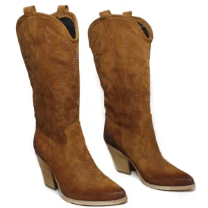 Stivali Con Tacco | Stivali Texani | Personal Stivali Texani Camperos Ricamati con tacco "Leyla" - Camoscio Cuoio